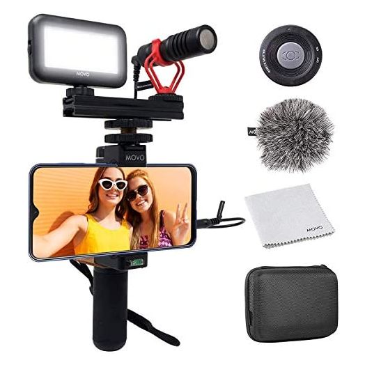 Movo Smartphone Video Kit V1 Vlogging Kit with Grip Rig, Shotgun Microphone, LED Light and Wireless Remote - YouTube Equipment Compatible with iPhone, Android Samsung Galaxy, Note - Vlogging Equipment