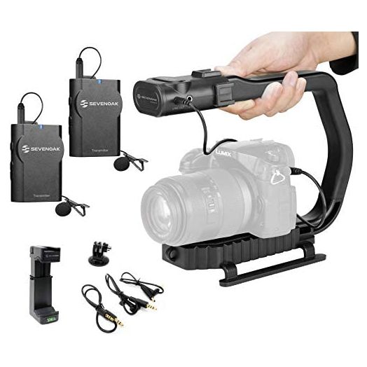 Movo MicRig-W2 Wireless Microphone Filmmaker Kit - Video Handle Stabilizer with Built-in Dual Wireless Lavalier Microphone Compatible with Canon EOS, Nikon, Sony, Panasonic DSLR and Mirrorless Cameras