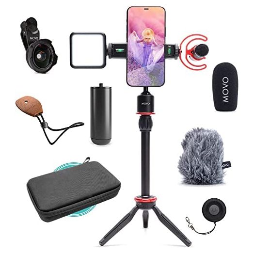 Movo iVlog1 Smartphone Video Vlogging Bundle with Movo VXR10-PRO Directional Microphone, Mini Tripod, LED Camera Light, Wide-Angle Lens External Microphone for iPhone