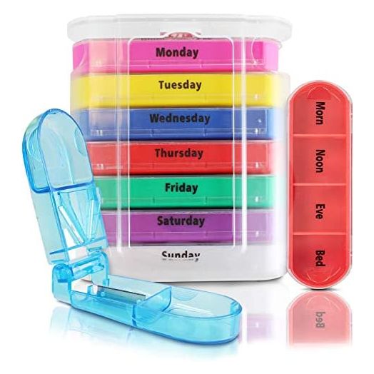 Vive 7 Day Pill Organizer - Stackable 4 Times a Day Supplement & Weekly Medicine Holder - AM PM Dispenser Case with Splitter Cutter - Portable Daily Vitamin Container - Slim 7 Day Travel Calendar