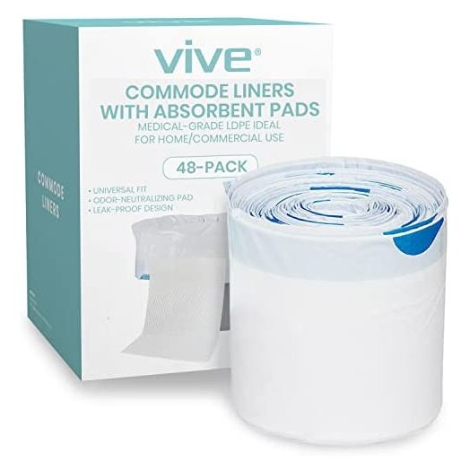Vive Commode Liners with Absorbent Pads (48 Pack) - Portable Toilet Bedside Chair Replacement Bags - Disposable Porta Potty Liners for Bariatric Standard Arm 3 in 1 Folding Buckets - Leakproof