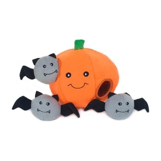 ZippyPaws Halloween Burrow Interactive Dog Toys - Hide and Seek Dog Toys and Puppy Toys, Colorful Squeaky Dog Toys, and Plush Dog Puzzles, Pumpkin with Bats