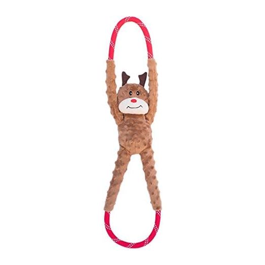 ZippyPaws RopeTugz Christmas Dog Toy - Plush Squeaky Holiday Dog Gifts for Small & Medium Puppy Dogs, Interactive Hide & Seek Stocking Stuffers for Pets - Reindeer