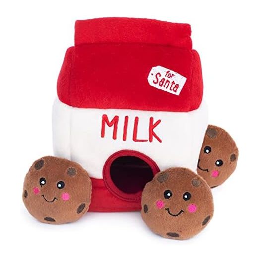 ZippyPaws Burrow Christmas Dog Toy - Plush Squeaky Holiday Dog Gifts for Small & Medium Puppy Dogs, Interactive Hide & Seek Stocking Stuffers for Pets - Santa's Milk & Cookies