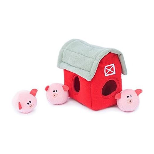 ZippyPaws - Farm Pals Burrow, Interactive Squeaky Hide and Seek Plush Dog Toy - Bubble Babiez Pig Barn