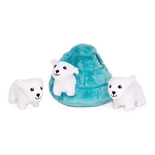 ZippyPaws Zoo Friends Burrow, Interactive Squeaky Hide and Seek Plush Dog Toy - Polar Bear Igloo