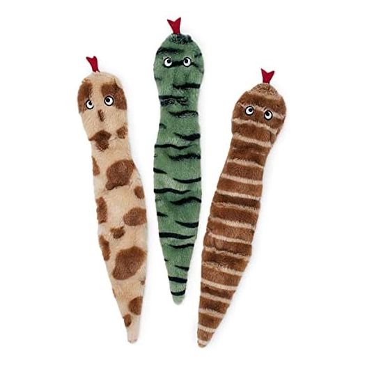 ZippyPaws Skinny Peltz - 3 Multicolored Snakes - No Stuffing Squeaky Dog Toys, Unstuffed Chew Toy for Small & Medium Breeds, Bulk Multi-Pack of 3 Soft Plush Dog Toys, Flat No Stuffing Puppy Toys - 18"