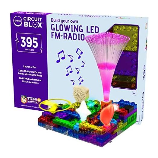 E-BLOX Build Your Own Glowing LED FM Radio Kit, 395 Fun STEM Electrical Science Projects, Building Blocks Circuit Toy Set for Kids, Birthday Gift, Boys, Girls, 8+