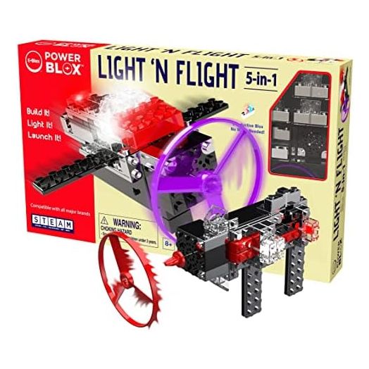 E-Blox Power Blox Light N' Flight 5-in-1 STEM Kit (58 Pieces), LED Light Up Building Blocks & Fan Launch Toy Set, Build 5 3D Structures, Great Science Project for Kids, Birthday Gift, Boys, Girls, 8+