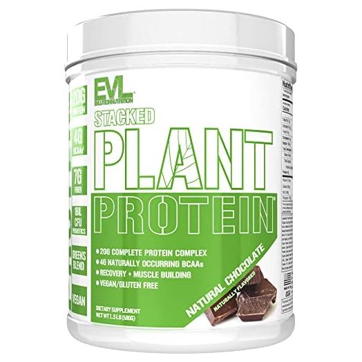 Evlution Nutrition Stacked Plant Protein Powder, Vegan, Non-GMO, Gluten-Free, Probiotics, BCAAs, Fiber, Complete Plant-Based Protein Complex, 1.5 LB (Natural Chocolate)