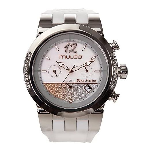 Mulco Blue Marine Women’s Watch Quartz Multifunctional Movement Stainless Steel and Silicone Band Premium Analog Display Swarovski Tones and Rose Gold Accents Water Resistant