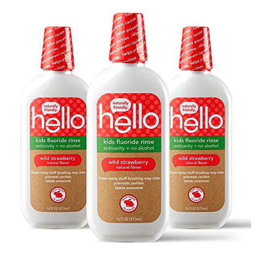 Hello Kids Wild Strawberry Natural Flavor Anticavity Fluoride Rinse - Vegan, Alcohol Free, and SLS Free Mouthwash for Children Age 2 and Up - 16 Ounce (Pack of 3)