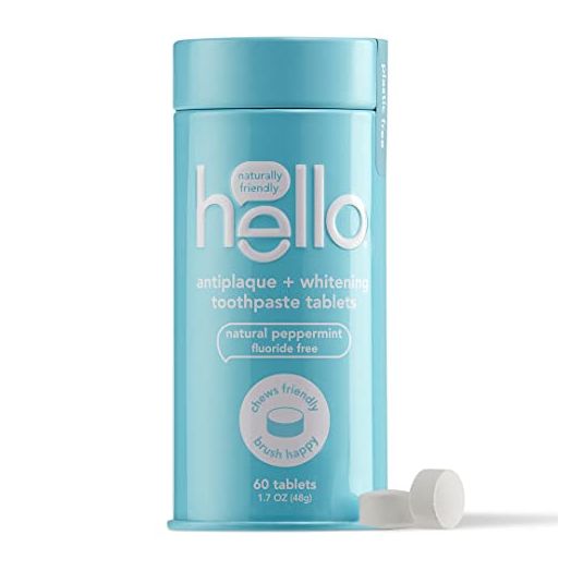 hello Antiplaque & Teeth Whitening Eco Friendly Travel Toothpaste Tablets, Natural Peppermint Flavor, Fluoride Free, TSA Compliant, Vegan, SLS Free, Plastic-Free, 60 Tablets