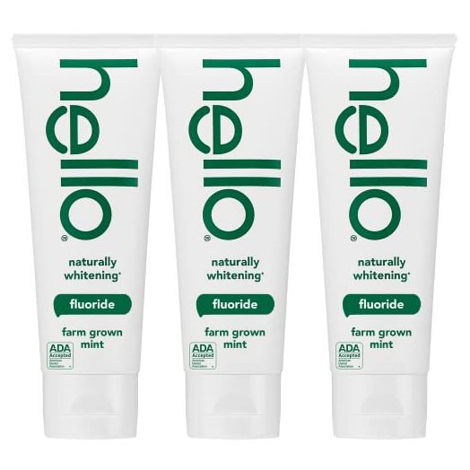 Hello Naturally Whitening Fluoride Toothpaste, Natural Peppermint Flavor and Tea Tree Oil, Peroxide Free, Gluten Free, SLS Free, 3 Pack, 4.7 OZ Tubes