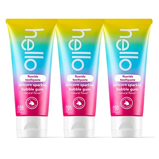 hello Unicorn Sparkle Kids Toothpaste, Fluoride Toothpaste with Natural Bubble Gum Flavor, ADA Approved, Ages 2+, No Artificial Sweetneners, No SLS, Gluten Free, Vegan, Pack of 3, 4.2 OZ Tubes