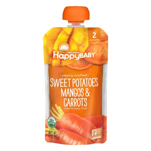 Happy Baby Organics Clearly Crafted Stage 2 Baby Food, Sweet Potatoes Mangos Carrots, 4.0 oz Pouch