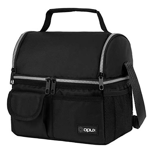 OPUX Insulated Dual Compartment Lunch Bag for Men, Women | Double Deck Reusable Lunch Pail Cooler Bag with Shoulder Strap, Soft Leakproof Liner | Large Lunch Box Tote for Work, School (Black)