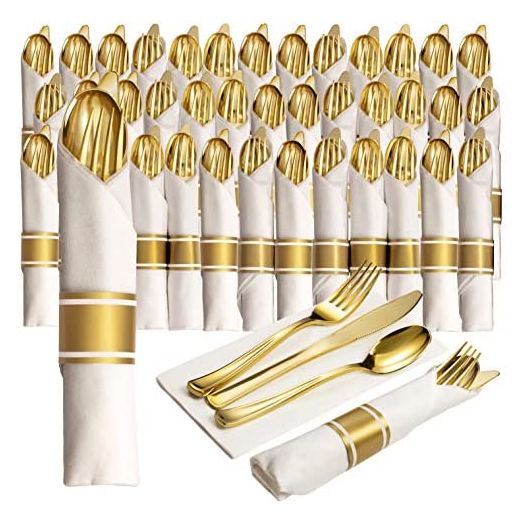 50 Pre Rolled Gold Plastic Silverware - 200pc Set, Service for 50 - Wrapped Disposable Silverware Set with Forks, Knives, Spoons, White Napkins - Fancy Decorative Flatware for Dinner, Party, Wedding