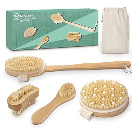 Nevlers Natural Boar Bristle Body Brush Set with Detachable Cellulite Massage Brush and Long Wooden Handle for Dry Brushing Perfect Kit to Exfoliate and Get Rid of Cellulite
