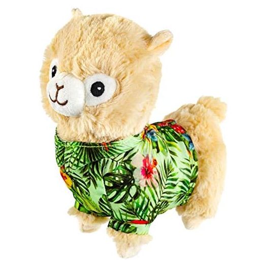7 Inch Plush Pet Toy Alpaca in Green Hawaiian Shirt with Squeaker