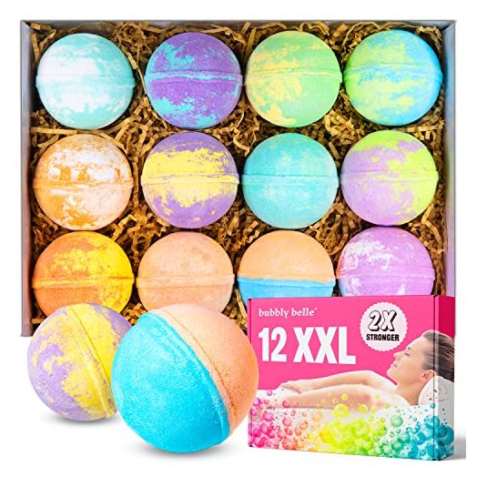 Bubbly Belle Bath Bombs Gift Set, 12 Extra Large Handmade Aromatherapy Fizzies with Essential Oil Blends, Epsom Salt, Kaolin Clay, Vegan