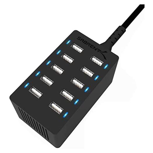 SABRENT 60 Watt (12 Amp) 10-Port [UL Certified] Family-Sized Desktop USB Rapid Charger. Smart USB Ports with Auto Detect Technology [Black] (AX-TPCS)