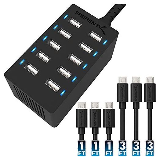 Sabrent 60 Watt (12 Amp) 10-Port Family-Sized Desktop USB Rapid Charger. 6 Micro USB Cables [X3-3foot. and X3-1foot] Black (AX-TU63)