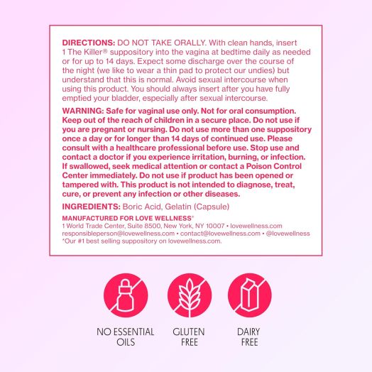 Love Wellness The Killer, 14 Boric Acid Suppositories - Maintains and Balances Healthy Vaginal pH & Manages Odor - Discomfort & Loss of Intimacy - Feminine Health Developed by Doctors for Women