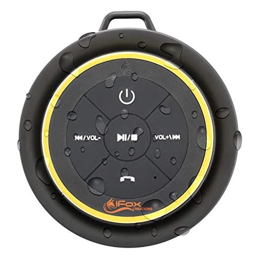 iFox Portable Bluetooth Shower Speaker, IPX7 Waterproof Outdoor Wireless Speaker, Built-in Mic, Carabiner, Beach, Camping, Hiking, Pool, Great Gift, Black/Gold