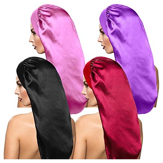 4 Pieces Extra Large Satin Sleep Cap for Long Hair,Long Dreadlock Night Sleep Bonnet for Women