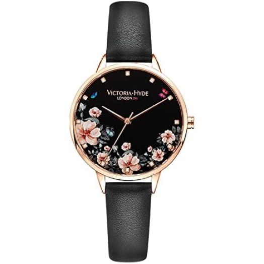 VICTORIA HYDE Quartz Watches for Women Floral Dial with Stainless Steel Mesh Band Genuine Leather Strap Waterproof Ladies Wristwatch