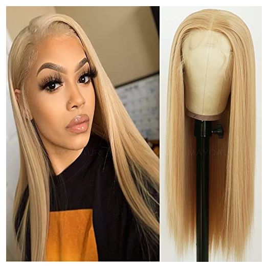 Maycaur Lace Front Wigs Blonde Wig Long Straight Heat Resistant Fiber Hair Synthetic Lace Front Wigs for Fashion Women 24 Inch