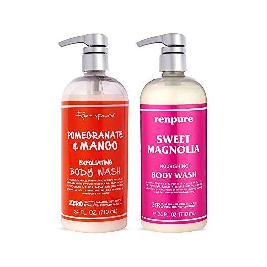Renpure Pomegranate Mango & Sweet Magnolia Moisturizing Body Wash for Dry Skin 2Pk – Gentle Exfoliating & Hydrating Natural Antioxidant Shower Gel & Sensitive Skin Body Wash with Pump for Women