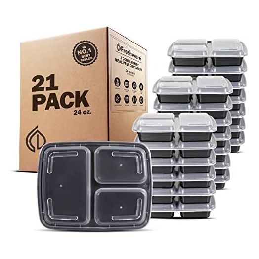 Freshware Meal Prep Containers [21 Pack] 3 Compartment with Lids, Food Storage Containers, Bento Box, BPA Free, Stackable, Microwave/Dishwasher/Freezer Safe (24 oz)