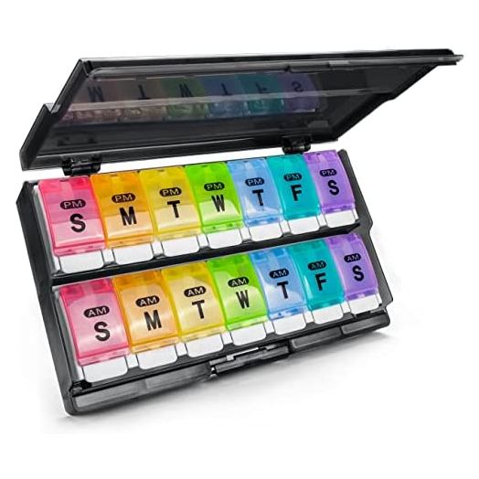 Weekly Pill Organizer 2 Times a Day - Remtise Am/Pm Daily Pill Case Medicine Organizer, Push Button 7 Day Pill Box for Pills / Vitamin / Cod Liver Oil / Supplements (Rainbow)