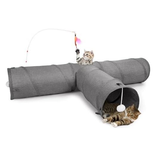 Ownpets Cat Tunnel, 3 Way Collapsible Kitty Tunnel 47 inch Long Cat Tube with Plush Ball & Feather Toy, Large Cat Play Tunnel for Indoor Cat, Kitten, Puppy, Rabbit,and Mongoose