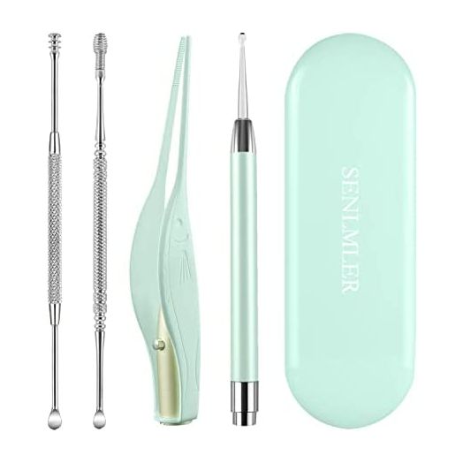 4 Pack Ear Wax Removal Tool Kit with Light, Ear Pick Ear Cleaning Tools Set for Kids and Adults, Ear Picks Digger & Tweezers & Spiral Spring Ear Spoon with Storage Box (Green)