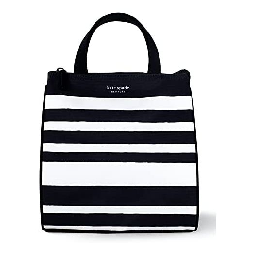 Kate Spade New York Black Portable Soft Cooler Lunch Bag, Thermal Tote with Silver Insulated Interior Lining and Storage Pocket, Sarah Stripe