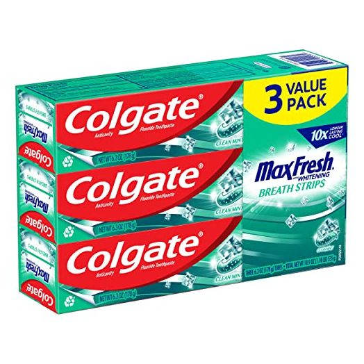 Colgate Max Fresh with Whitening Toothpaste with Mini Breath Strips, Clean Mint Toothpaste for Bad Breath, 6.3 Oz Tube. 3 Pack