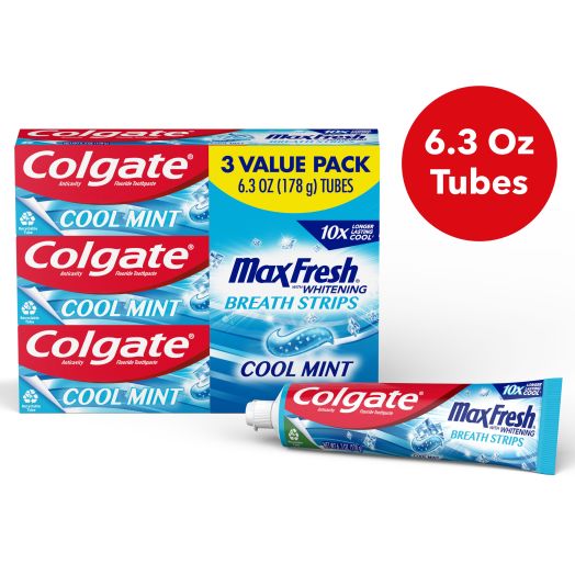Colgate Max Fresh Whitening Toothpaste with Mini Breath Strips, 6.3 Oz (3 Pack)