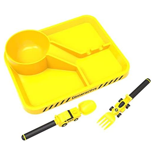 Dinneractive Dining Set For Kids - 3PC Yellow Race Car Dinnerware - Race Car Utensils - Toddler Plates - Baby Dishes