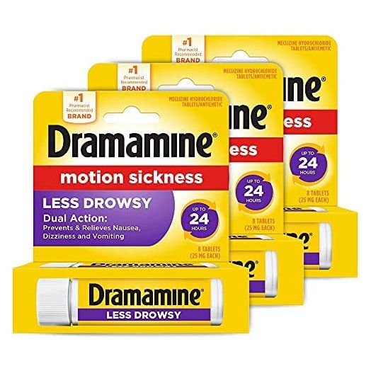 Dramamine All Day Less Drowsy Motion Sickness Relief | 8 tablets | pack of 3 |Packaging may vary