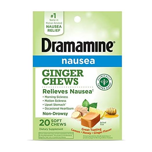 Dramamine Ginger Chews, Relieves Nausea, Lemon Honey Ginger Flavor, 20 Soft Chews