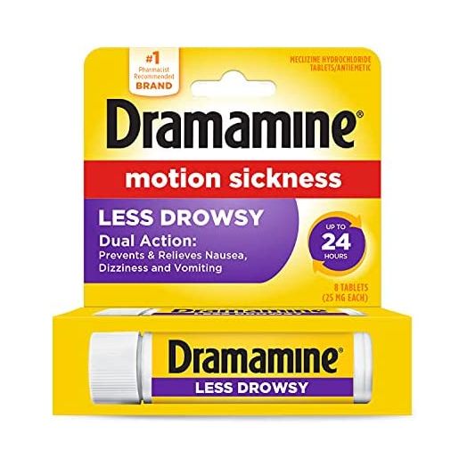 Dramamine Motion Sickness Less Drowsy, Travel Vial, 8 Count ( Pack of 1)