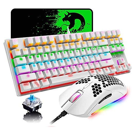 Wired Gaming Keyboard and Mouse Combo,87 Keys Compact Rainbow Backlit Keyboard,RGB Backlit 6400 DPI Lightweight Gaming Mouse with Honeycomb Shell for Windows PC Gamers