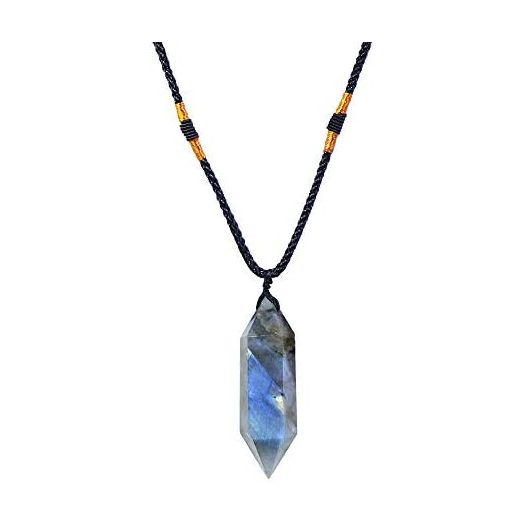 Runyangshi Labradorite Healing Crystal Pendants, Double Pointed Natural Crystal Quartz Necklace 6 Faceted Chakra Crystal Wand Stone