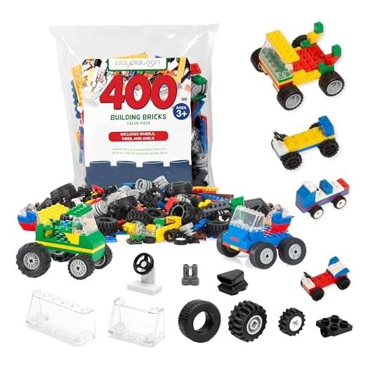 Play Platoon 400 Piece Wheels and Axles Sets, Building Bricks Car Parts and Pieces Kit - Car Building Set with Wheels, Axles & Windshields and Bonus Bricks