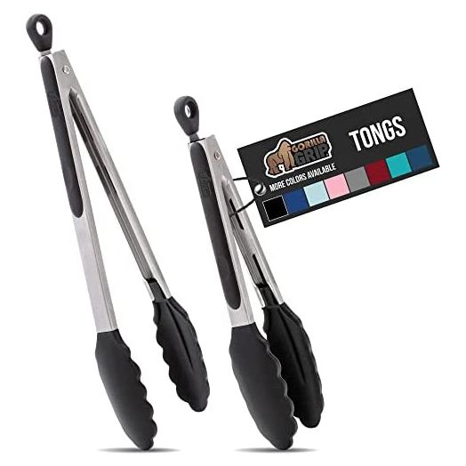 Gorilla Grip Stainless Steel Silicone Tongs for Cooking, Set of 2, Includes 9 and 12 Inch Locking Kitchen Tong, Heat Resistant Tip, Strong Grip for Meat, Perfect for Nonstick Pans, BBQ, Black