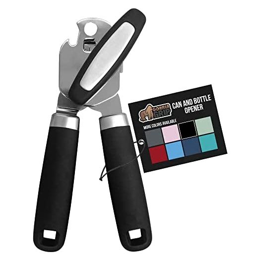 Gorilla Grip Manual Handheld Strong Can Opener, Sharp Cutting Wheel for Smooth Edge Cut, Comfortable Soft Handle, Oversized Easy to Use Turn Knob, Includes Built in Bottle Opener, Black