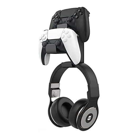MoKo Controller Holder, Dual Gamepad Controller & Headphone Hanger for Xbox One, Xbox 360, PS3, PS4, PS5, PC, STEAM, Switch?Wall Mount Stand for All Universal Headsets, Black